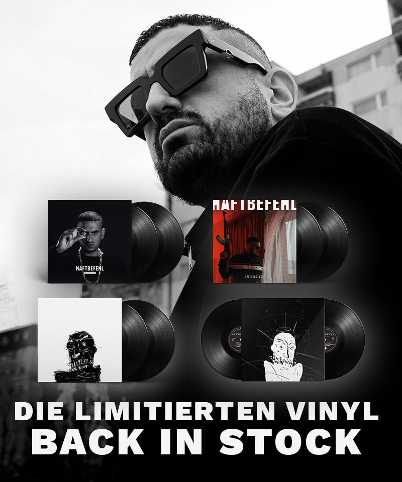 "Die limitierten Vinyl – back in stock" als weißer Text, darüber Abbildungen von 4 verschiedenen Vinyls und im Hintergrund ein Portrait von Haftbefehl